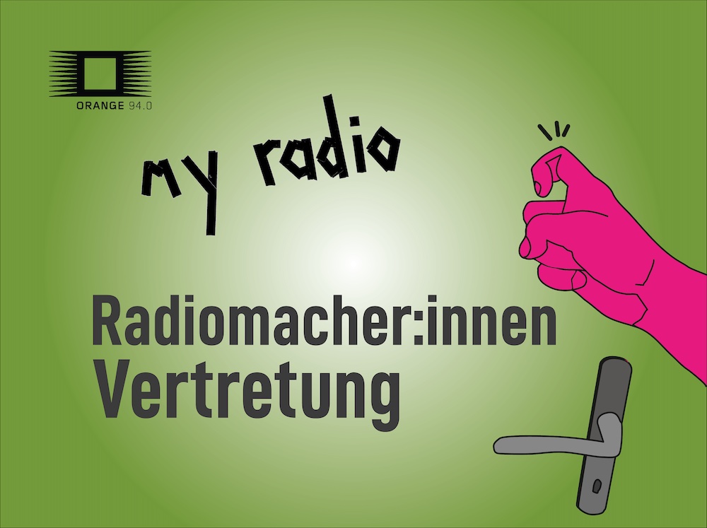 flyer für my radio mit einer anklopfenden hand - hand knocking with my radio text